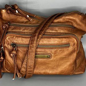 STONE MOUNTAIN USA DISTRESSED BROWN LEATHER CROSSBODY/SHOULDER BAG PURSE BRASS